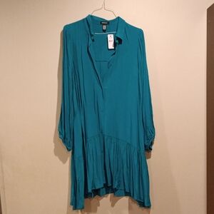 Express Teal Button-Front Ruffle Hem Shirt Dress
